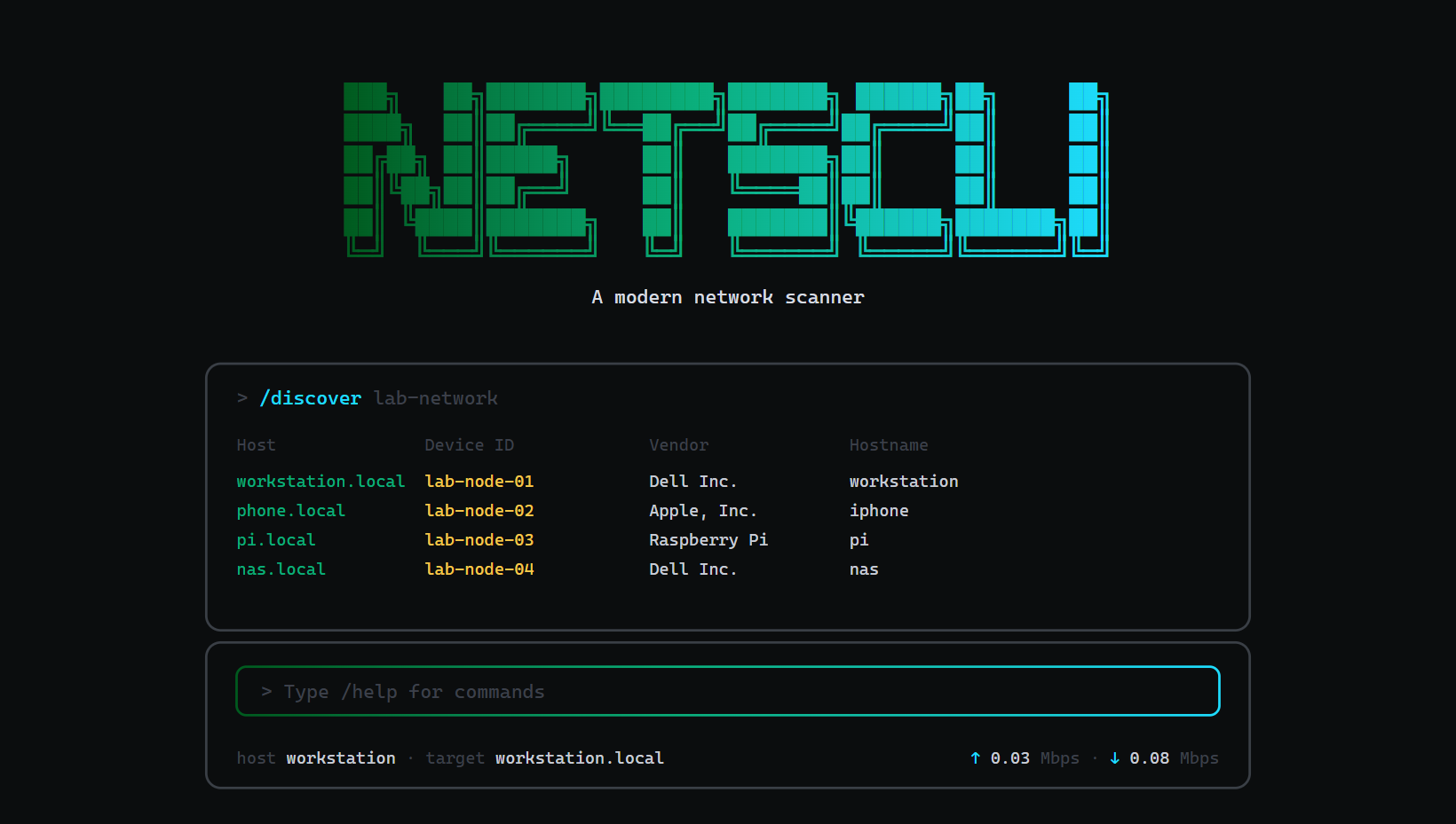 netscli terminal UI running /discover with demo hostnames, vendors, and response times
